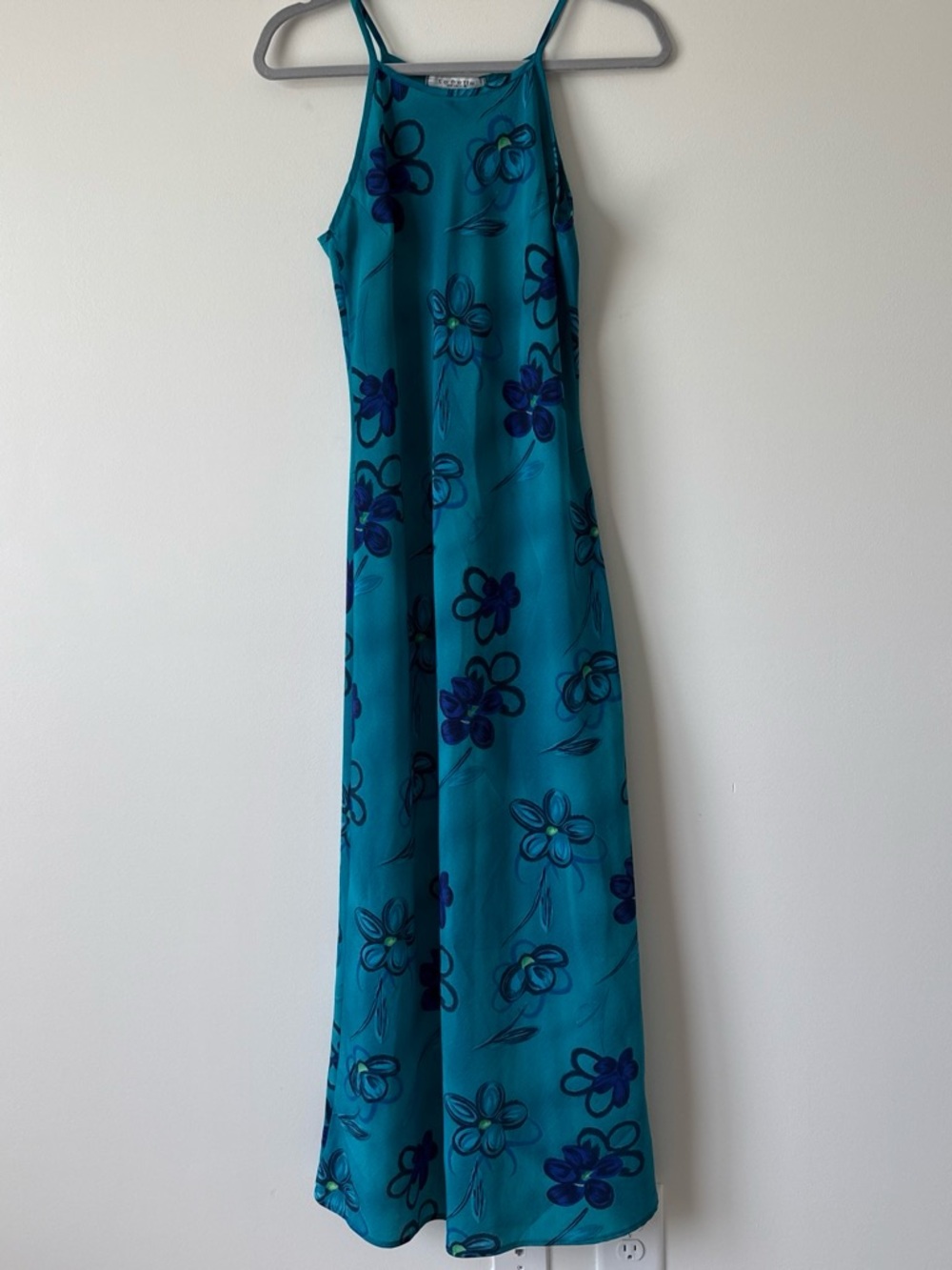 Vintage 90’s La Belle teal blue floral maxi dress with dark blue floral print